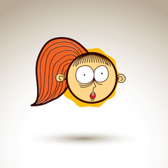 Vector hand drawn surprised girl with fashionable hairdo. Facial