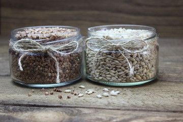 Glass jars with grain