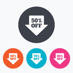 Sale arrow tag icons. Discount off symbols.