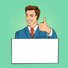 Advertising man with banner place for text. Businessman gives thumb up  retro comics style