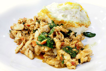 Basil Chicken with rice and fried egg