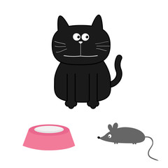 Cute black cat with mouse and plate. Flat design. White background. Isolated