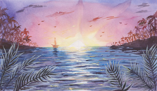 Watercolor Sea / Ocean Landscape with Sunset or Sunrise