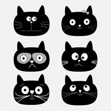 Cute black cat head set. Funny cartoon characters. White background. Isolated. Flat design.