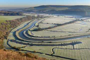 Cuckmere valley, South Downs National Park, UK, on a frosty morning
