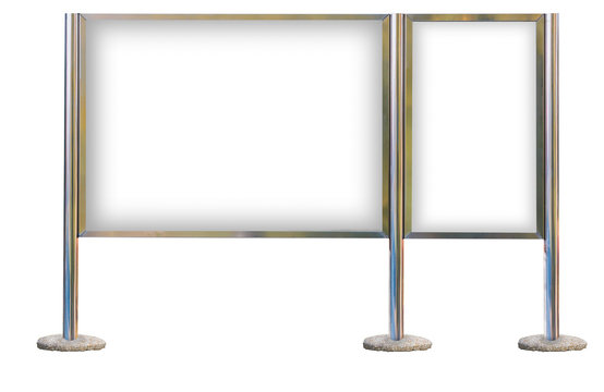 Blank signboard template for text on silver pole.