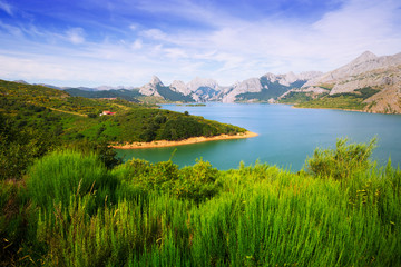 View of Riano reservoir in summer - obrazy, fototapety, plakaty
