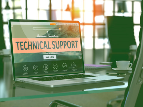 Technical Support Concept. Closeup Landing Page on Laptop Screen  on background of Comfortable Working Place in Modern Office. Blurred, Toned Image. 3d Render.