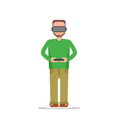 Brunette man in a virtual reality glasses and with remote control in hands. Flat design character icon in circle.