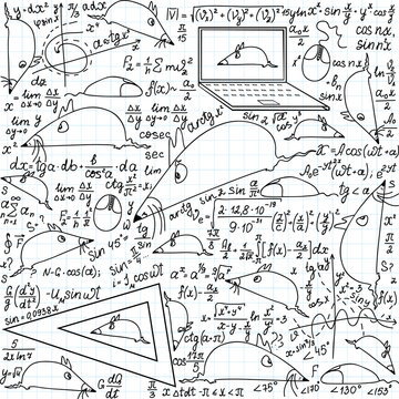 Mathematical vector seamless pattern with funny mice and trigonometry formulas handwritten on the copybook paper