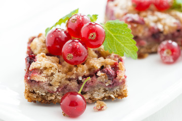 berry tart with fresh redcurrants and mint, close-up