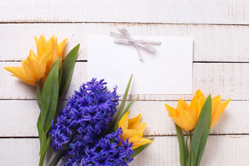 Fresh yellow tulips and blue hyacinths  flowers  and empty tag o