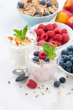 Berry and fruit yoghurt for breakfast, vertical