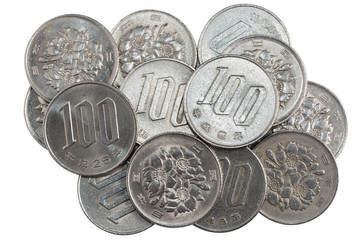 Pile of 100 yen coins japanese money.