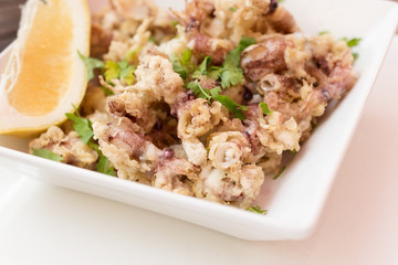 Calamari, deep fried squid with lettuce.