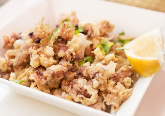 Calamari, deep fried squid with lettuce.