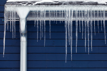 Icicles on the roof. Winter concept. downspout. Blue wooden background. - obrazy, fototapety, plakaty