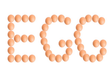 EGG word from eggs for food or nutrition concept, isolated on white background.