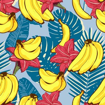 Tropical Palm banana fruit seamless leaf blue pattern