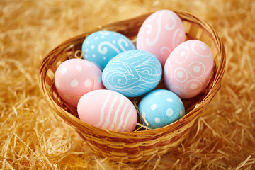 Fototapeta na wymiar Basket with Easter symbols