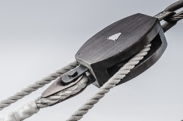 Blocks and rigging at the old sailboat, close-up