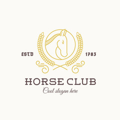Horse Club Abstract Vector Logo Template Line Style with Typography. Stallion Head in a Circle. Laurel. Gold and Brown on Biege Background