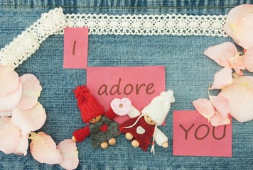 Valentine, greeting card with knitting couple in love  and soft