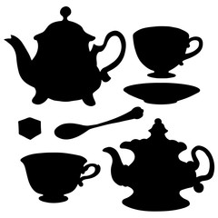 Set icon teapots, teacups, spoon, saucer and sugar