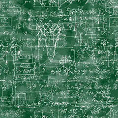 Seamless pattern of mathematical operation and equation, endless arithmetic pattern on seamless green chalk boards. Handwritten calculations. Geometry, math, physics, electronic engineering subjects.