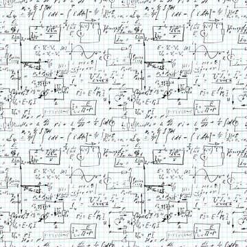Math seamless pattern handwritten on a grid copybook paper, various operations and step by step solutions. Geometry, math, physics, electronic engineering subjects. Lectures. Lesson record. Blue grid.