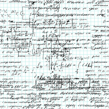 Math seamless pattern handwritten on a grid copybook paper, various operations and step by step solutions. Geometry, math, physics, electronic engineering subjects. Lectures. Lesson record. Blue grid.