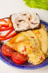 Omelet in a blue plate