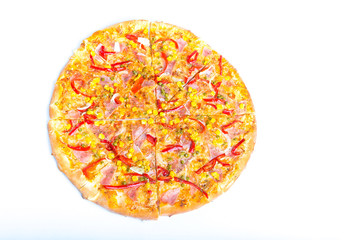Pizza with peppers, corn and peas isolated on white background