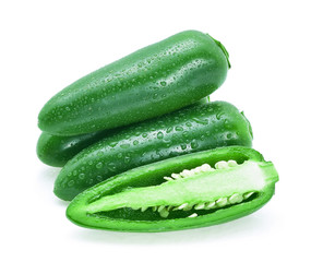 Drops water mexican green chili isolated on white background.