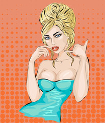 Sexy pop art woman portrait with call me hand gesture - 102406962