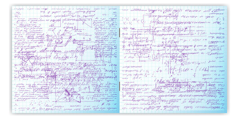 Seamless pattern, handwriting text. Calligraphy text on a grid copybook paper. Open exercise book. Archives, science, geometry, math, physics, electronic engineering subjects. Natural writing style.