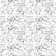 Seamless endless pattern background with handwritten mathematical formulas, math relationship or rules expressed in symbols, various operations such as addition, subtraction, multiplication, division.