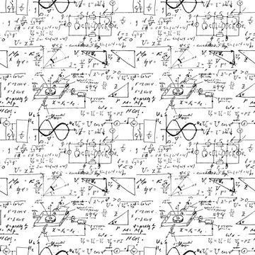 Seamless endless pattern background with handwritten mathematical formulas, math relationship or rules expressed in symbols, various operations such as addition, subtraction, multiplication, division.