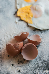 eggs and eggshell with flour