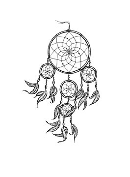 Hand-drawn dreamcatcher  with feathers. Ethnic illustration, tribal