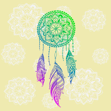 Hand-drawn dreamcatcher  with feathers. Ethnic illustration, tribal