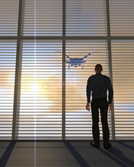 Fototapeta na wymiar 3D render of a UAV drone peering through a window with horizontal blinds as a human figure looks on. Fictitious UAV is a unique design. Motion blur and lens flare for dramatic effect.