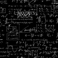 Seamless pattern, mathematical operations and elementary functions, endless arithmetic black background. Real handwritten solutions. Geometry, math, physics, electronic engineering subjects. Lectures.
