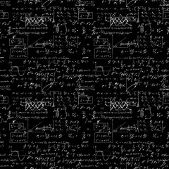 Seamless pattern, mathematical operations and elementary functions, endless arithmetic black background. Real handwritten solutions. Geometry, math, physics, electronic engineering subjects. Lectures.