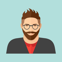 Hipster character. Young man with glasses and beard. Flat style vector icon.