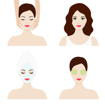 Girl faces, isolated flat design set for spa and beauty salon