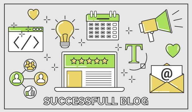 Flat vector thin line illustration of how to establish a successful 5 star blog. It includes: newsletter, social, seo, content writing, design, coding, idea, etc.
