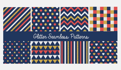 Obraz premium Set of seamless simple cute baby patterns with glitter elements. Includes white, red and golden stars, hears, stripes, zigzag, flags, dots and pleat on white background.