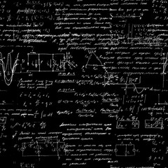 Seamless pattern of geometry, math, physics, electronic engineering subjects. Mathematics equation and calculations, endless hand writing. Black Background. 