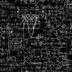 Seamless pattern of geometry, math, physics, electronic engineering subjects. Mathematics equation and calculations, endless hand writing. Black Background. 
